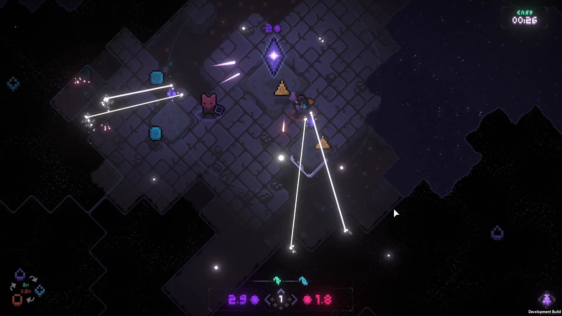 Everwarder: Player character defends with beams and projectiles on a dark, grid-based dungeon floor.
