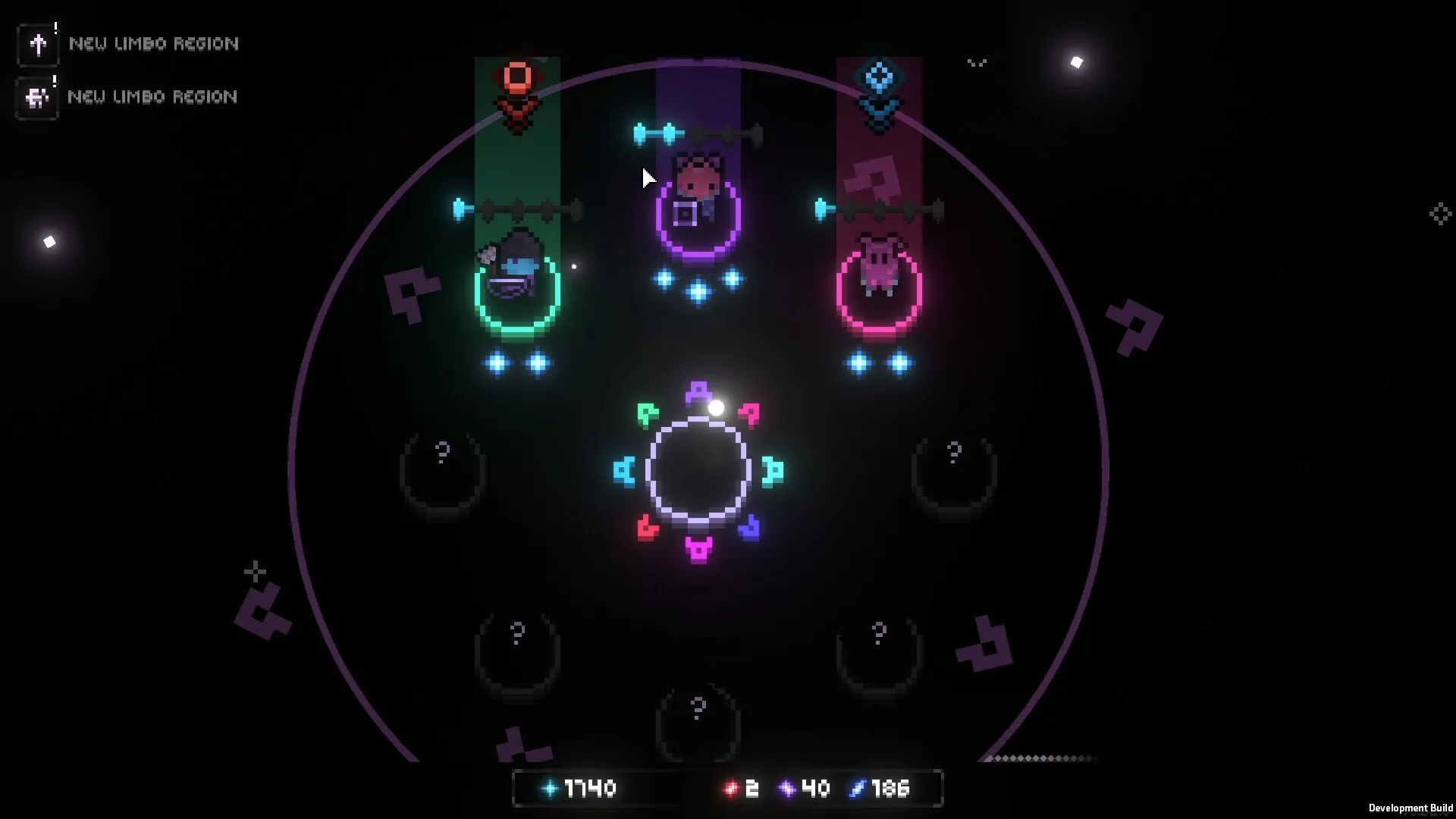 Everwarder: Character selection with three units in a circular interface in the New Limbo Region
