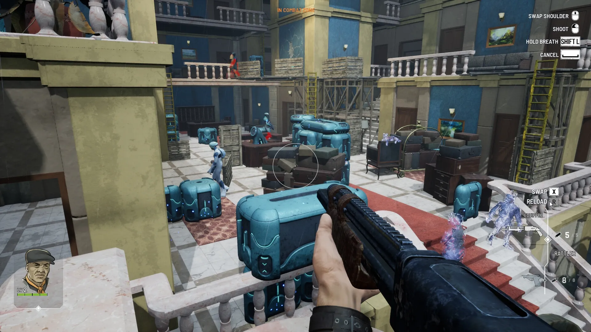 Every Day We Fight: First-person combat in a multi-level building with enemies and interactive HUD elements