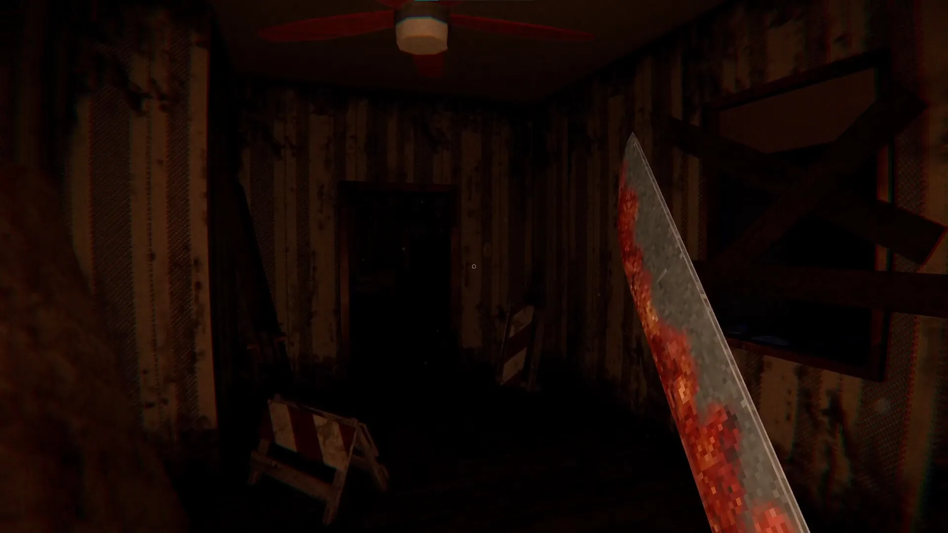 Evil Lurks Below: Harry Walters holds a bloody machete in a dimly lit, abandoned room with boarded windows.