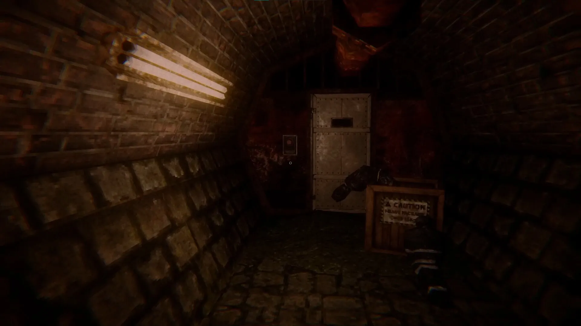 Evil Lurks Below: Harry Walters explores a dimly lit brick tunnel with a caution crate and metal door.