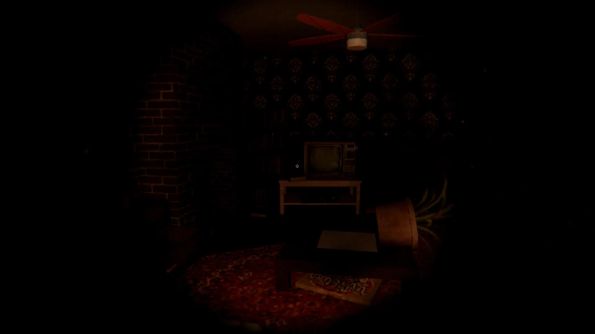 Evil Lurks Below: Harry Walters explores a dimly lit living room with an old TV and dark wallpaper.