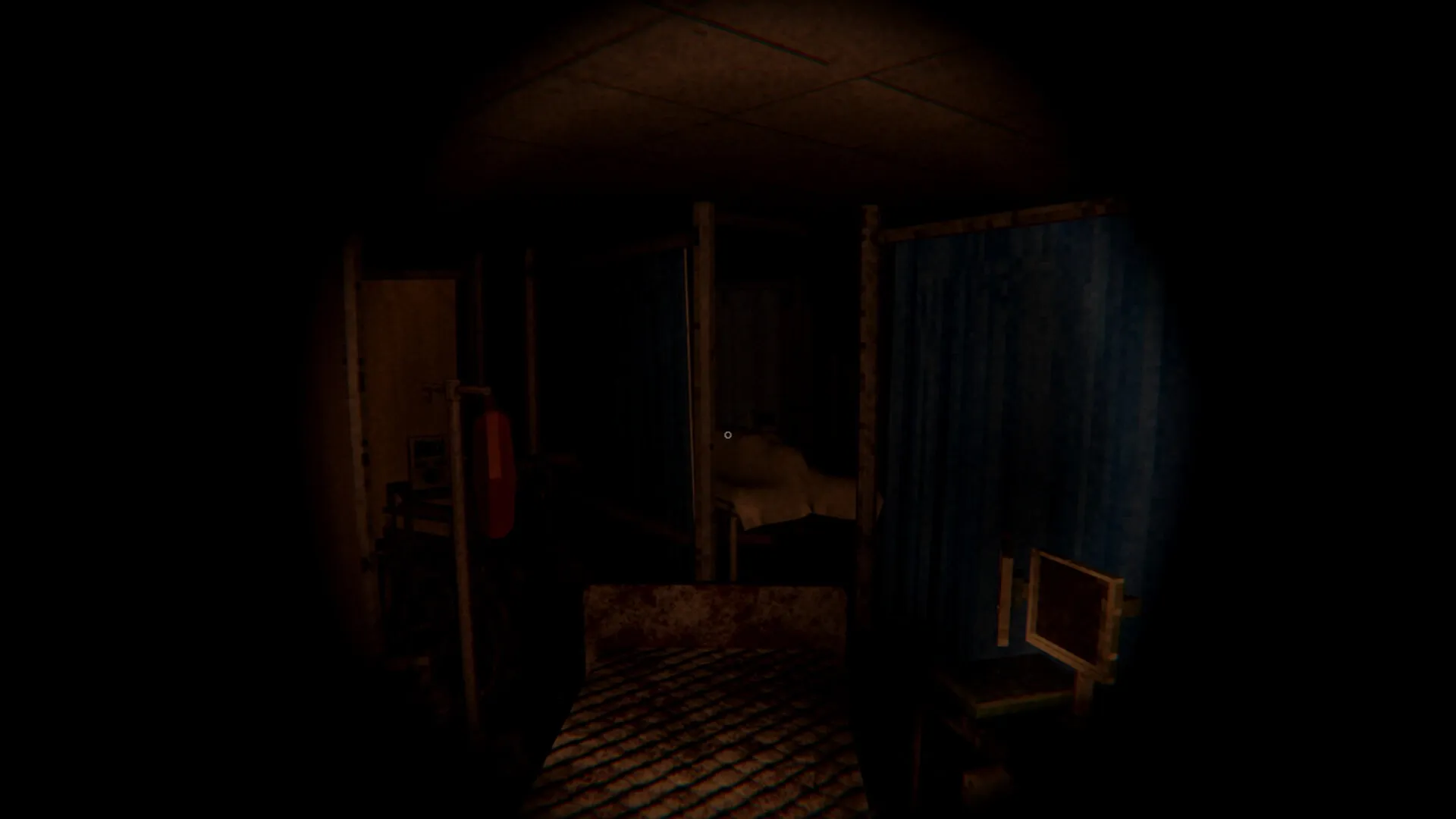 Evil Lurks Below: Detective Walters explores dimly lit room with old bed and curtains in abandoned house.
