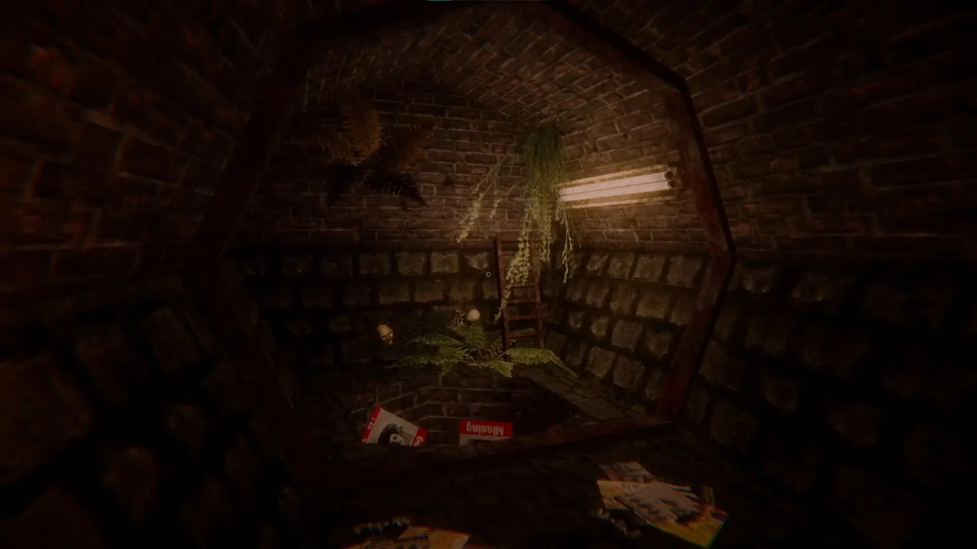 Evil Lurks Below: Creepy underground chamber with ladder, skulls, and overgrown plants in dim light.