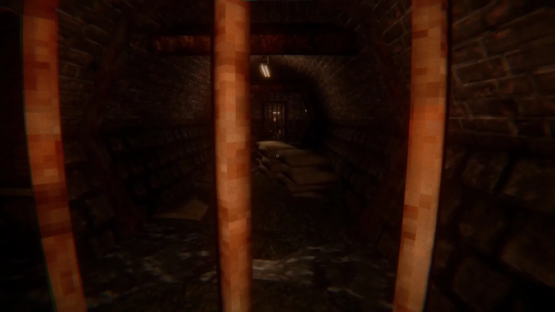 Evil Lurks Below: Harry Walters explores a dimly lit underground tunnel with brick walls and stacked sacks.