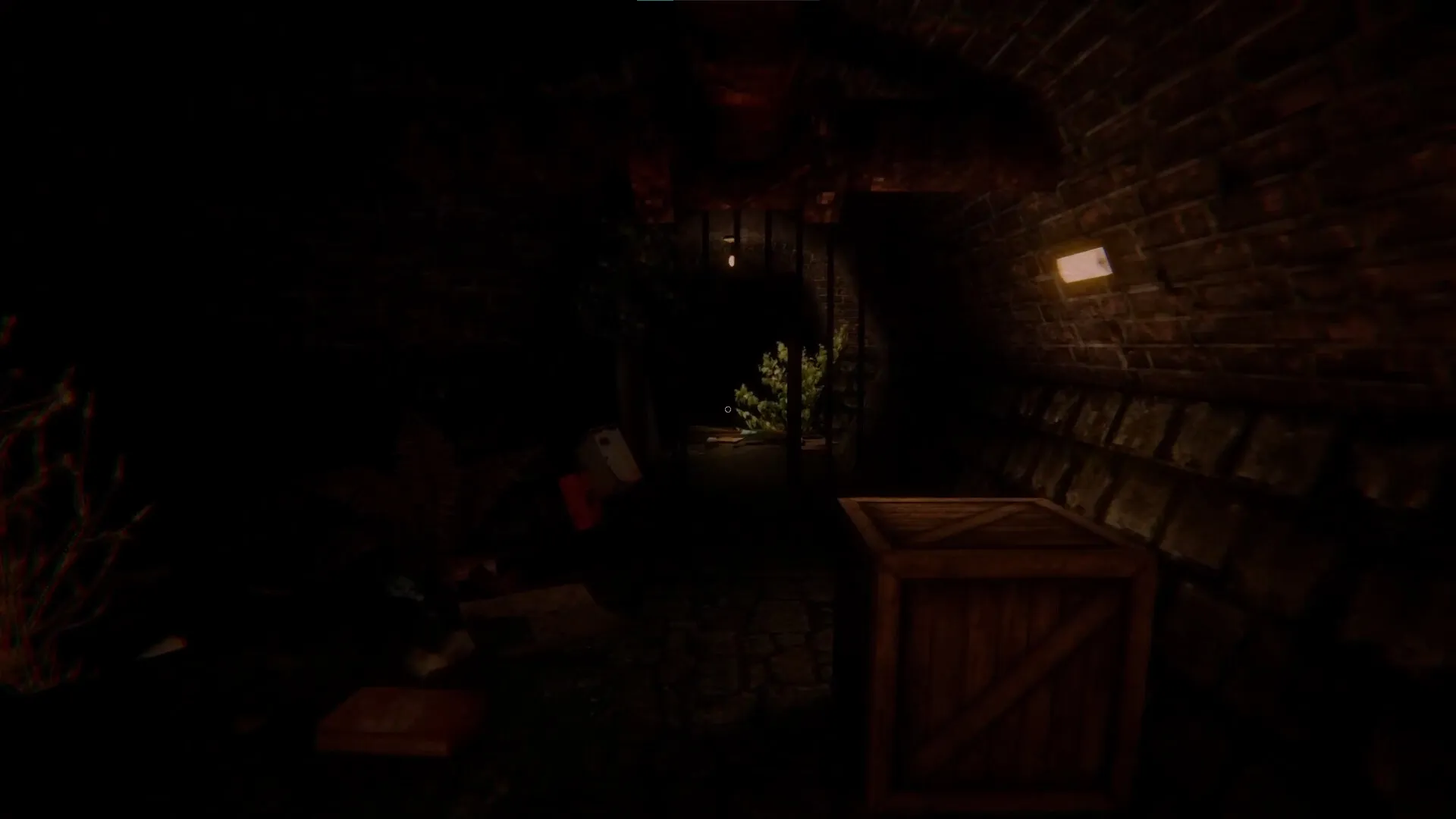 Evil Lurks Below: Dark basement corridor with scattered debris and a wooden crate, dimly lit by a lamp.