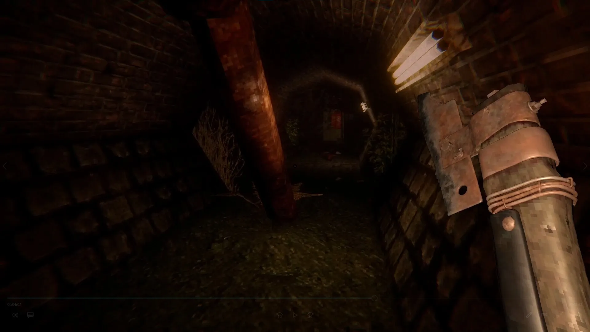 Evil Lurks Below: Harry Walters explores a dimly lit, eerie brick tunnel with a rusty pipe and lantern.