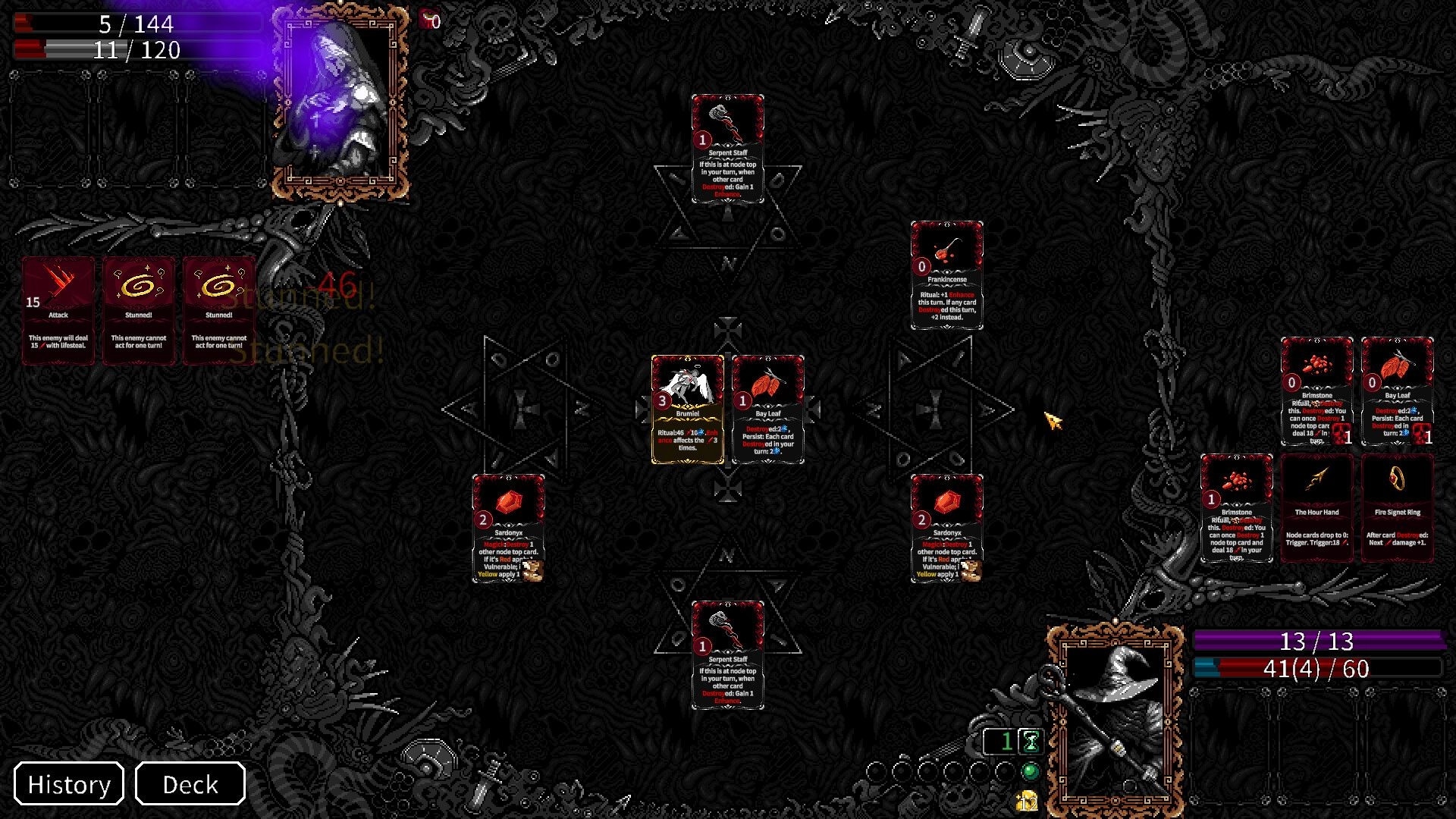 Evocation: Tactical card battle with magical circle, health bars, and character portraits in dark theme.