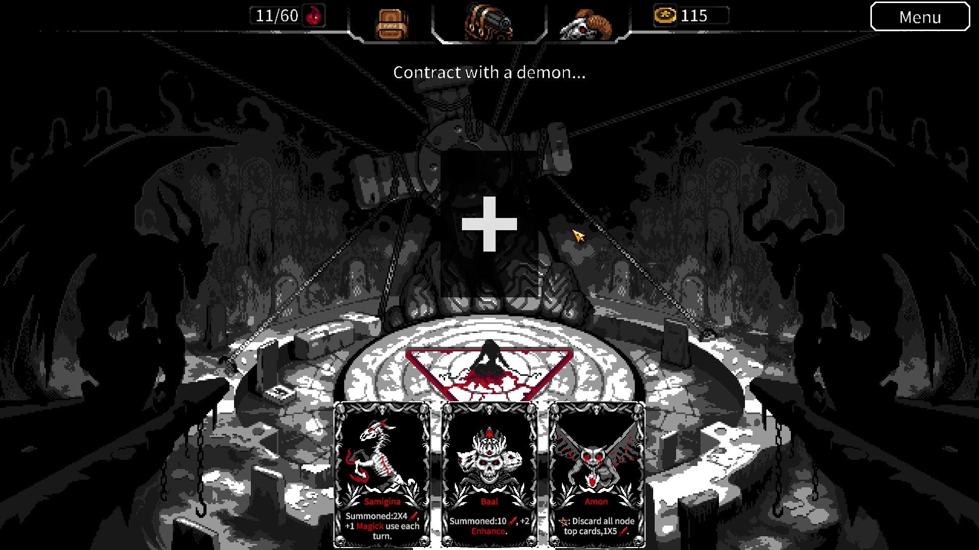 Evocation: Contract with a demon in dark chamber, summoning cards Samigina, Baal, and Amon visible