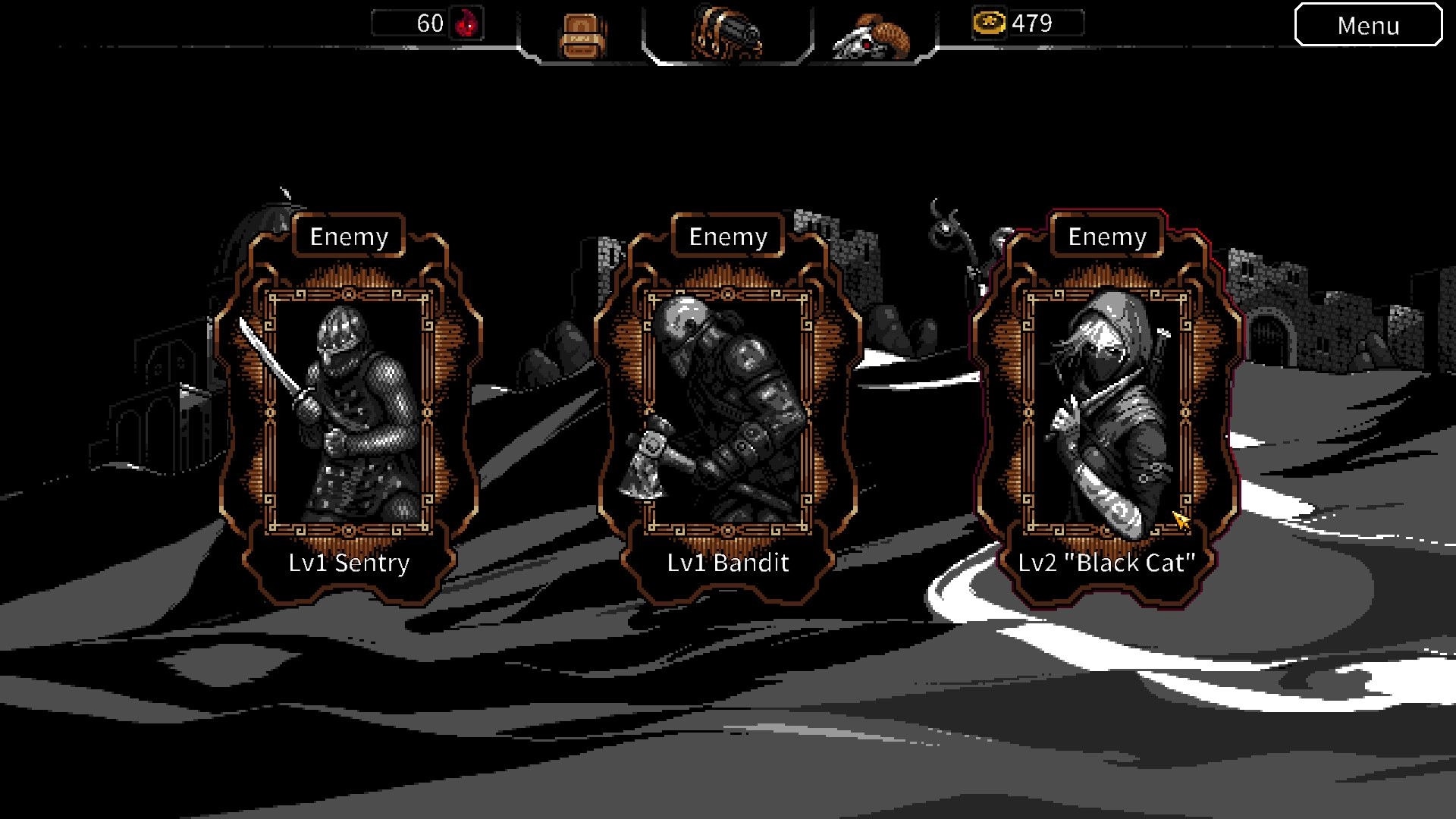 Evocation: Combat encounter with Lv1 Sentry, Lv1 Bandit, and Lv2 "Black Cat" in a dark landscape.