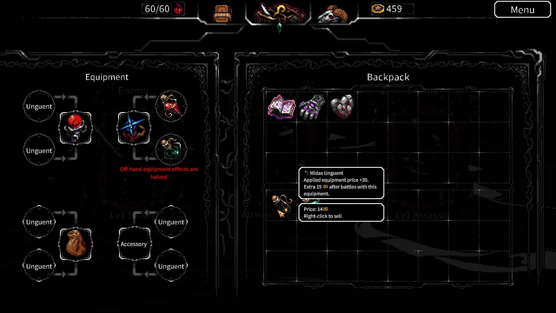 Evocation: Equipment and backpack interface showing various items and Midas Unguent details displayed