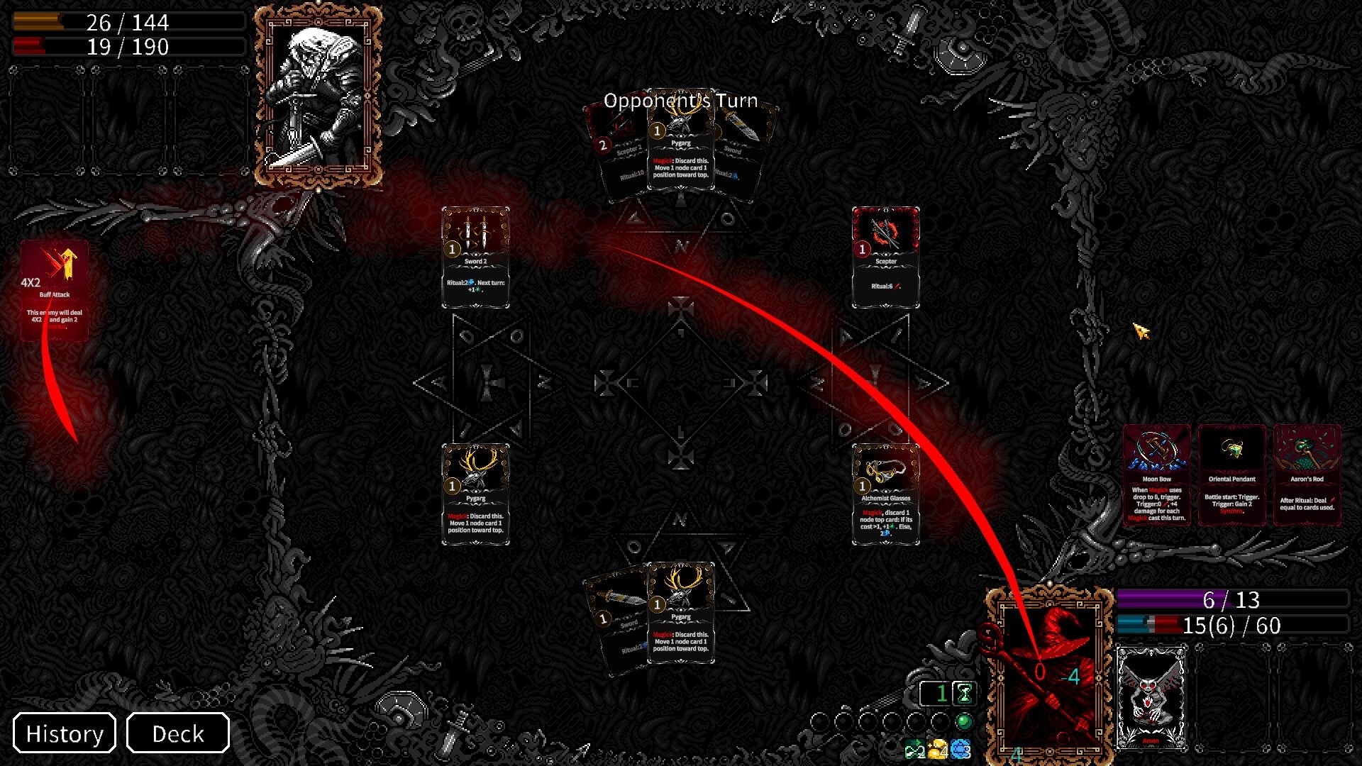 Evocation: Opponent's turn with cards displayed on ornate dark background, character stats on the left.