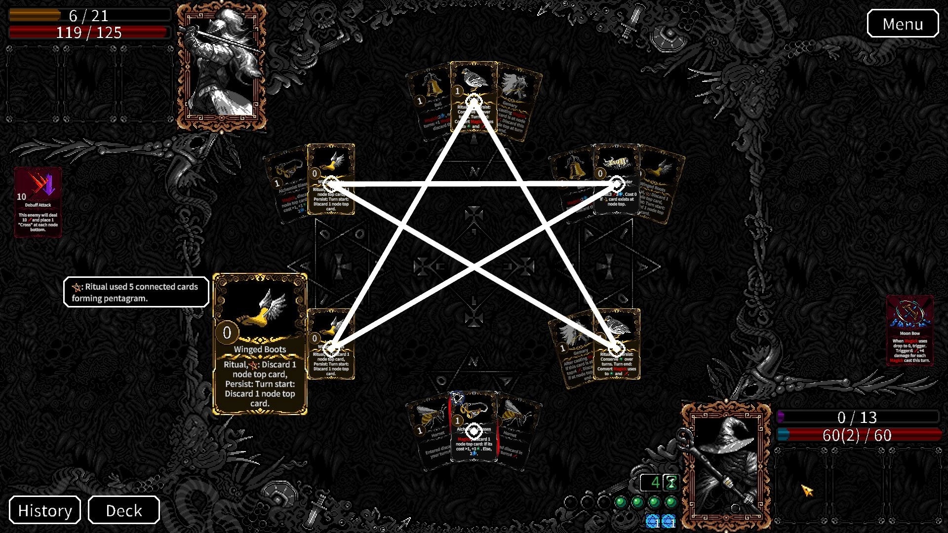 Evocation: Ritual uses five connected cards forming a pentagram, with detailed card stats displayed.