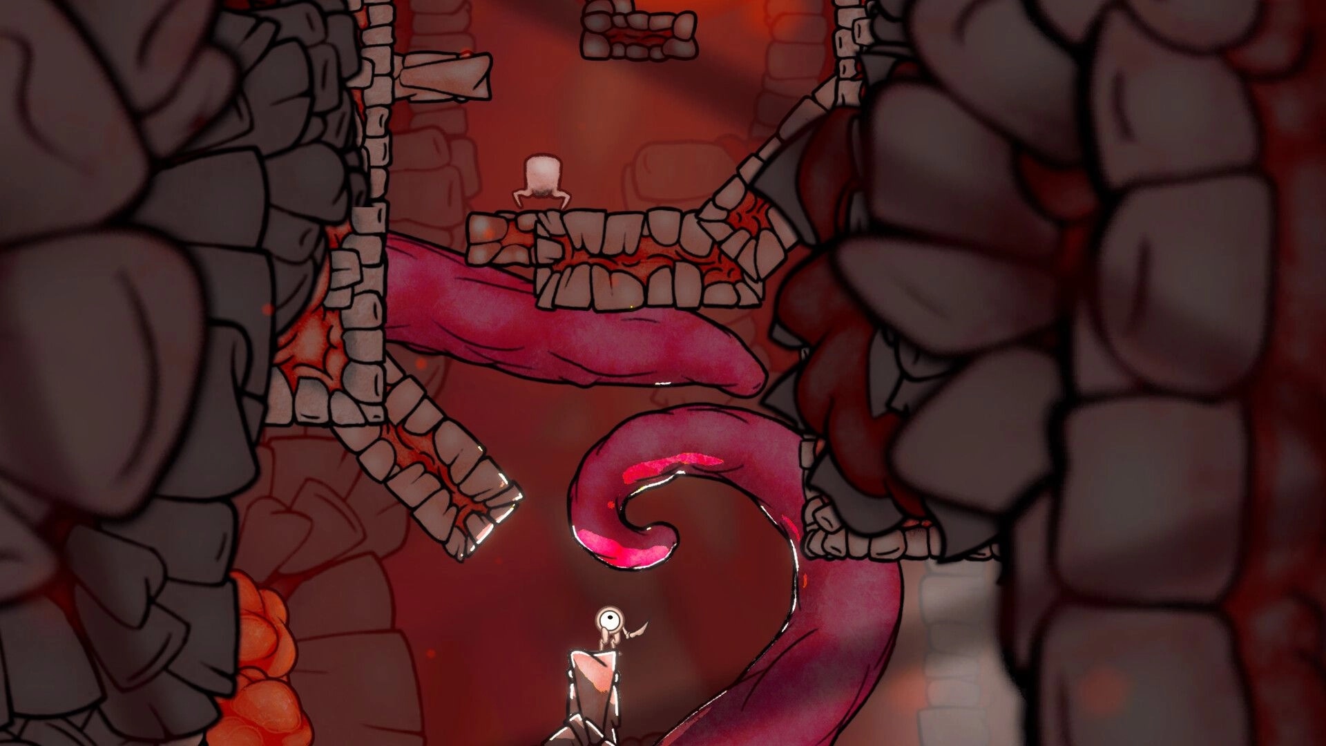 Evolvania: Character navigating organic tunnels with stone platforms in a fleshy cavernous environment
