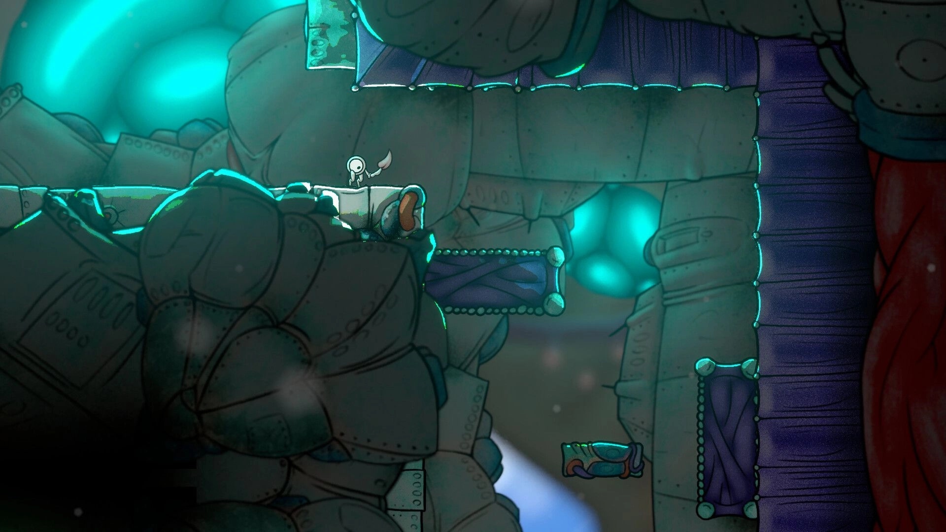 Evolvania: Tiny character navigates mechanical platforming area inside a colossal creature's glowing body
