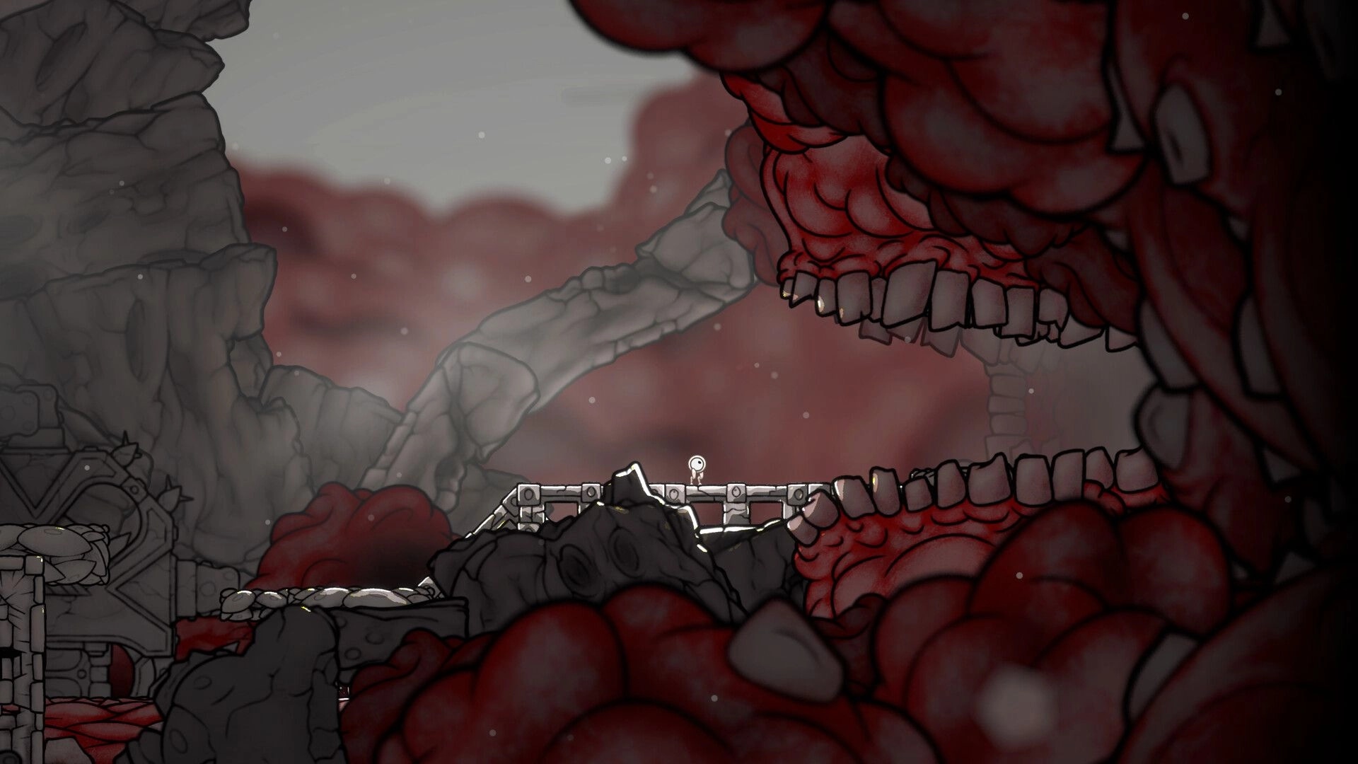 Evolvania: Small character exploring inside a giant creature with rocky and fleshy interior environment