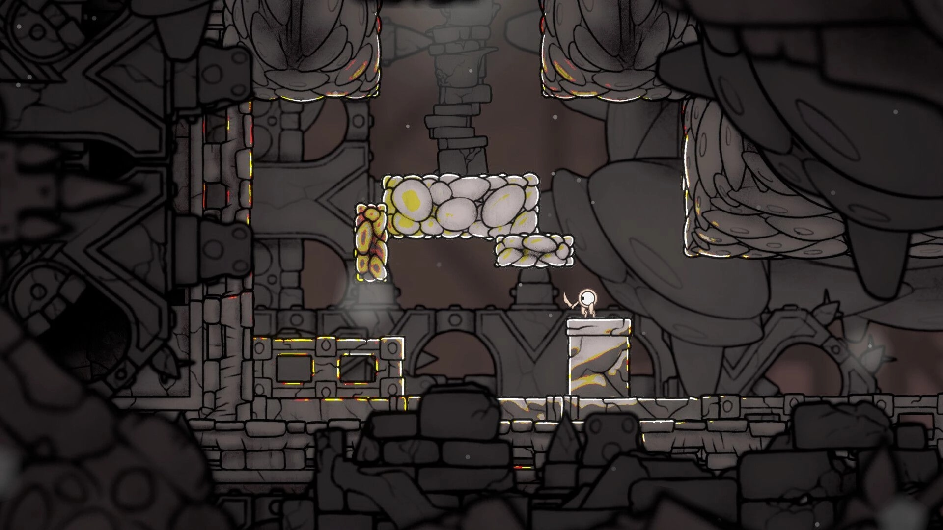 Evolvania: Character on a platform in a cavernous biome with organic structures and stone elements