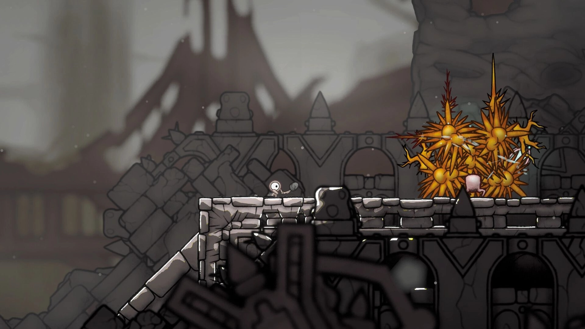 Evolvania: Player character encounters spiky enemies on a stone platform in a dark cavernous environment