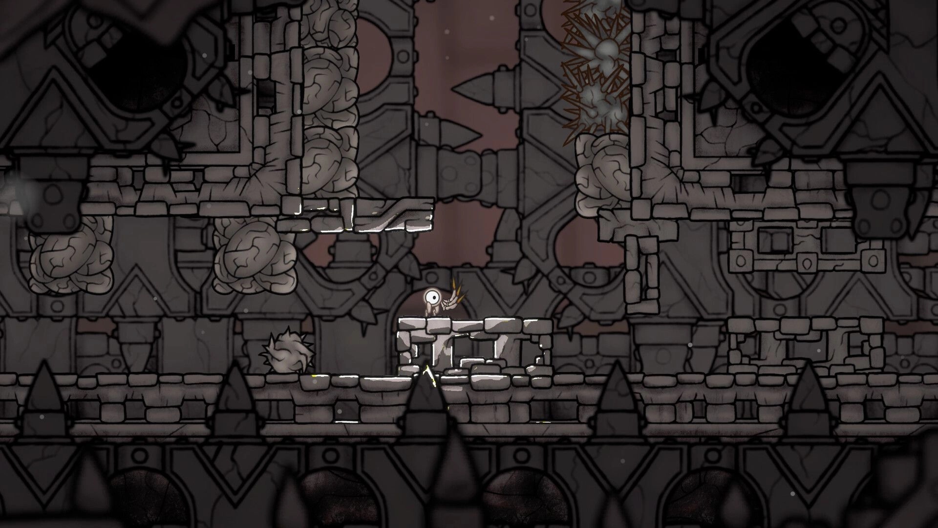 Evolvania: Character stands on stone platform in intricate mechanical cavern with spiked walls.