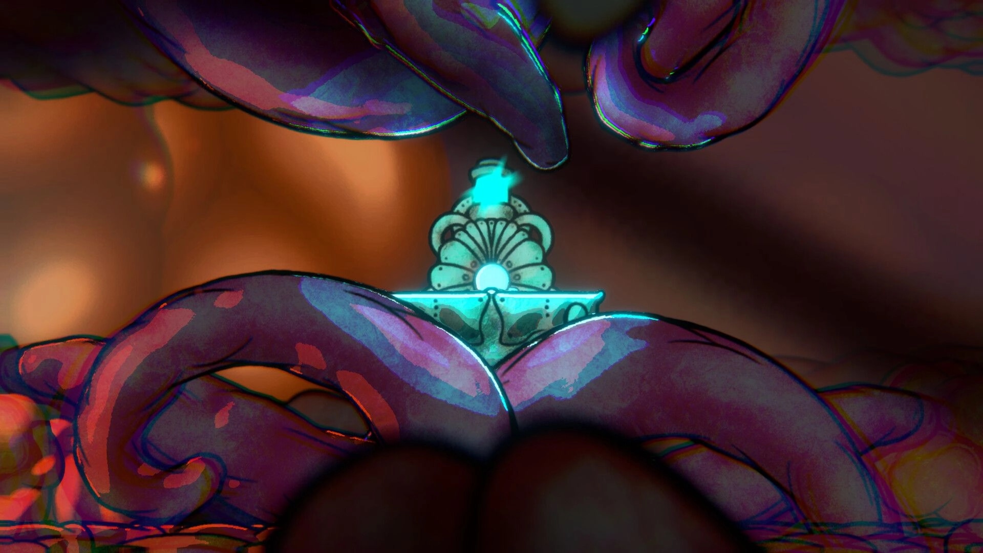 Evolvania: Glowing artifact surrounded by tentacles inside a creature's organic environment