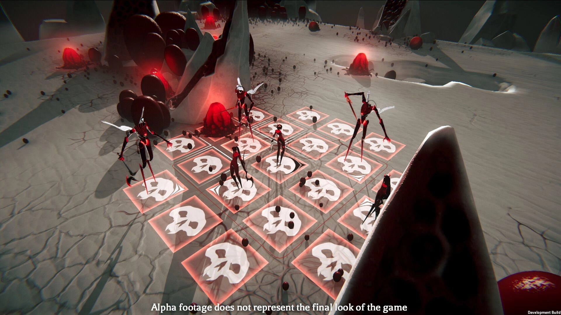 Ex Sanguis: Tactical grid combat with skeletal enemies in a desolate, eerie landscape.