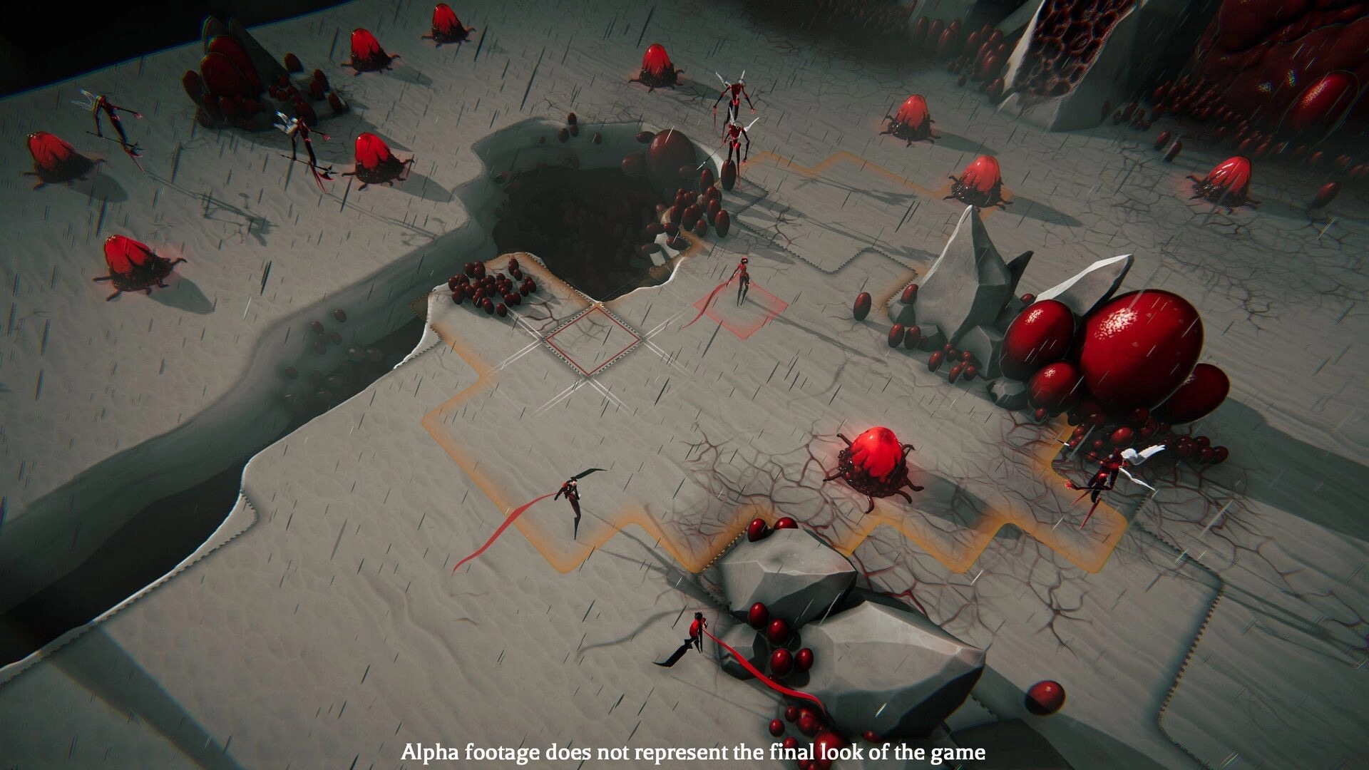 Ex Sanguis: Tactical combat on a barren landscape with red growths and enemy creatures visible