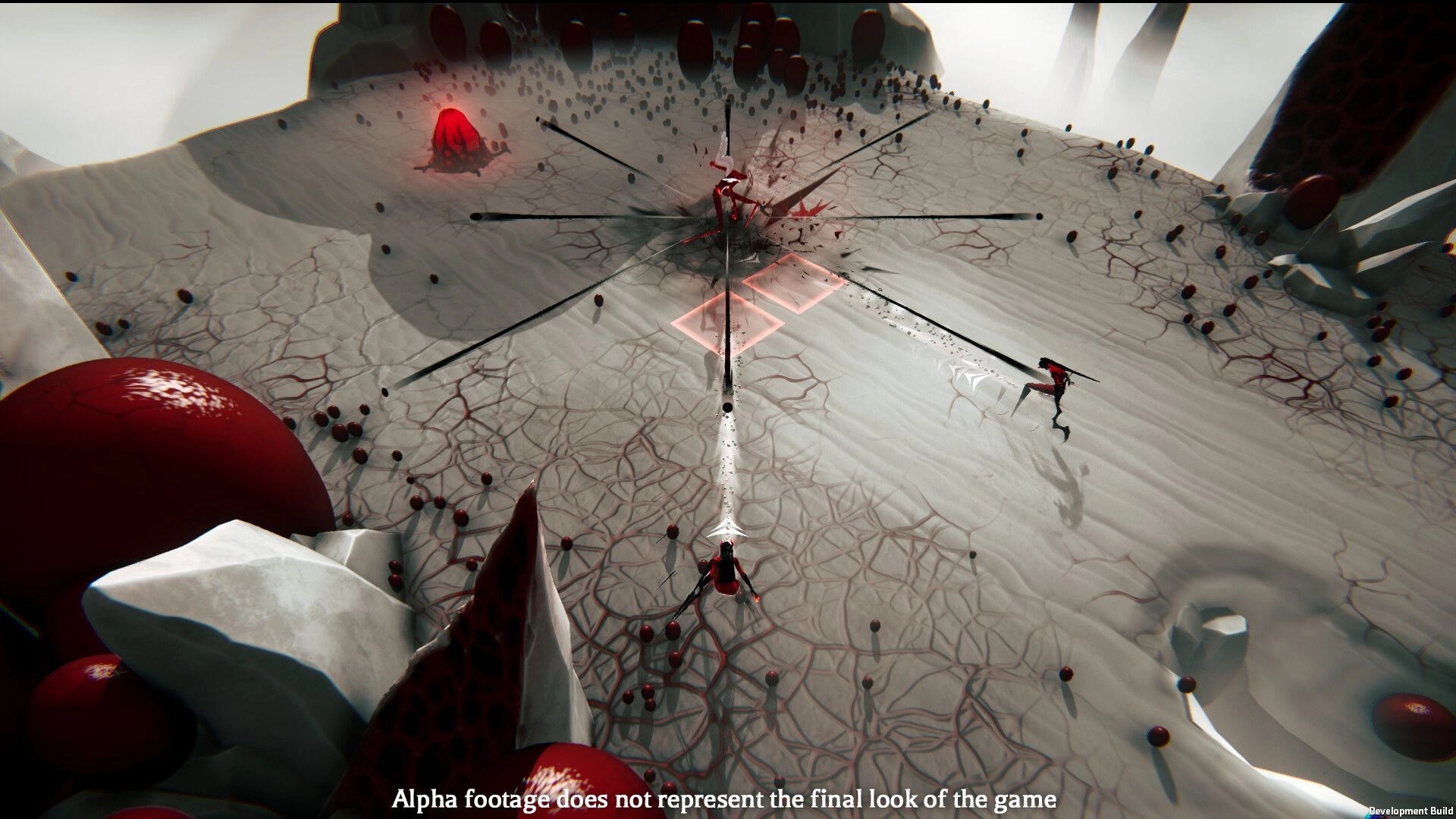 Ex Sanguis: Player character in dynamic combat with long weapon on red-veined battlefield