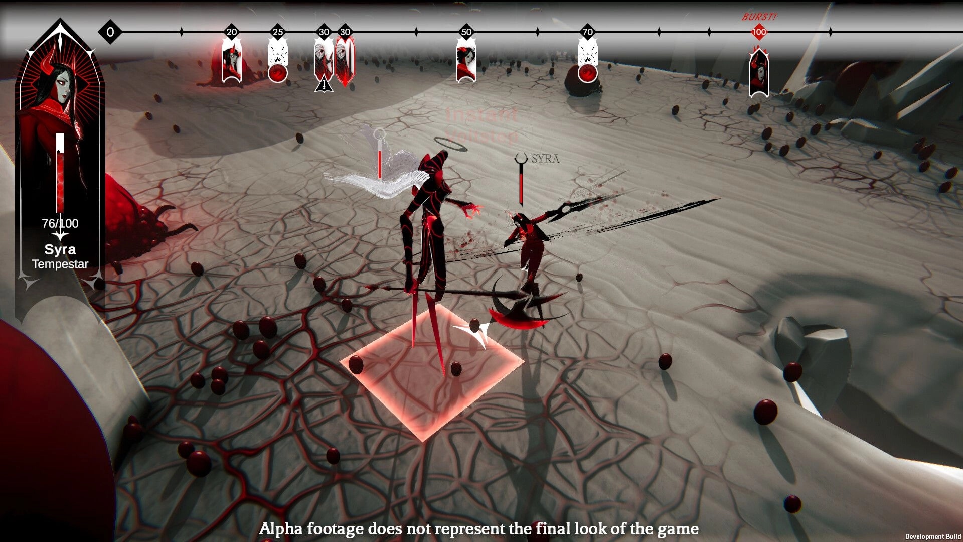 Ex Sanguis: Syra battles a towering enemy on a barren landscape with a dynamic turn-based combat UI.