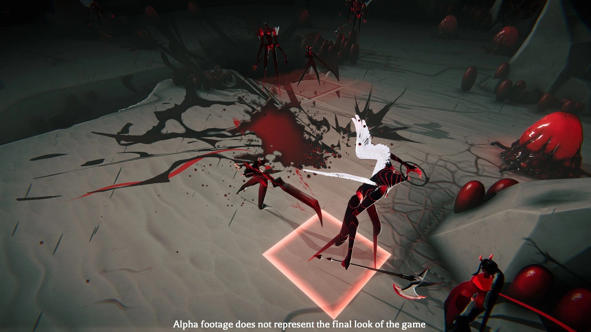 Ex Sanguis: Turn-based combat with red-armored foes in a dark, eerie battlefield environment.