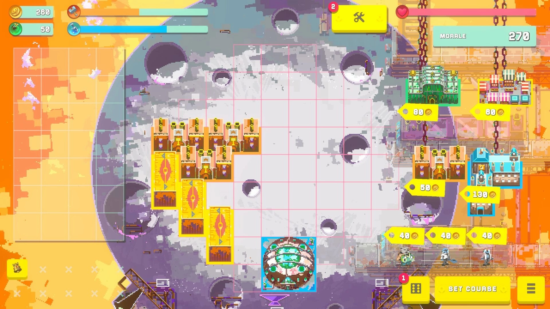 Exark: Build grid with placeable tiles and shop costs, morale bar over ark-ship deck view.
