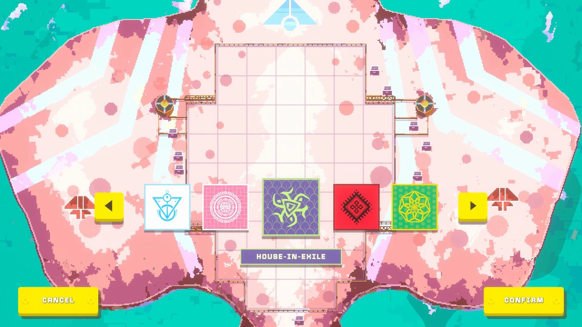 Exark: House-in-Exile selection UI with five emblem tiles under a blank grid on the ark map.