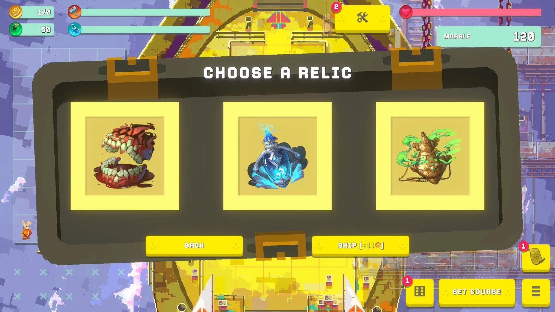 Exark: Choose a Relic selection menu with three relic icons over ark city map and resource HUD.