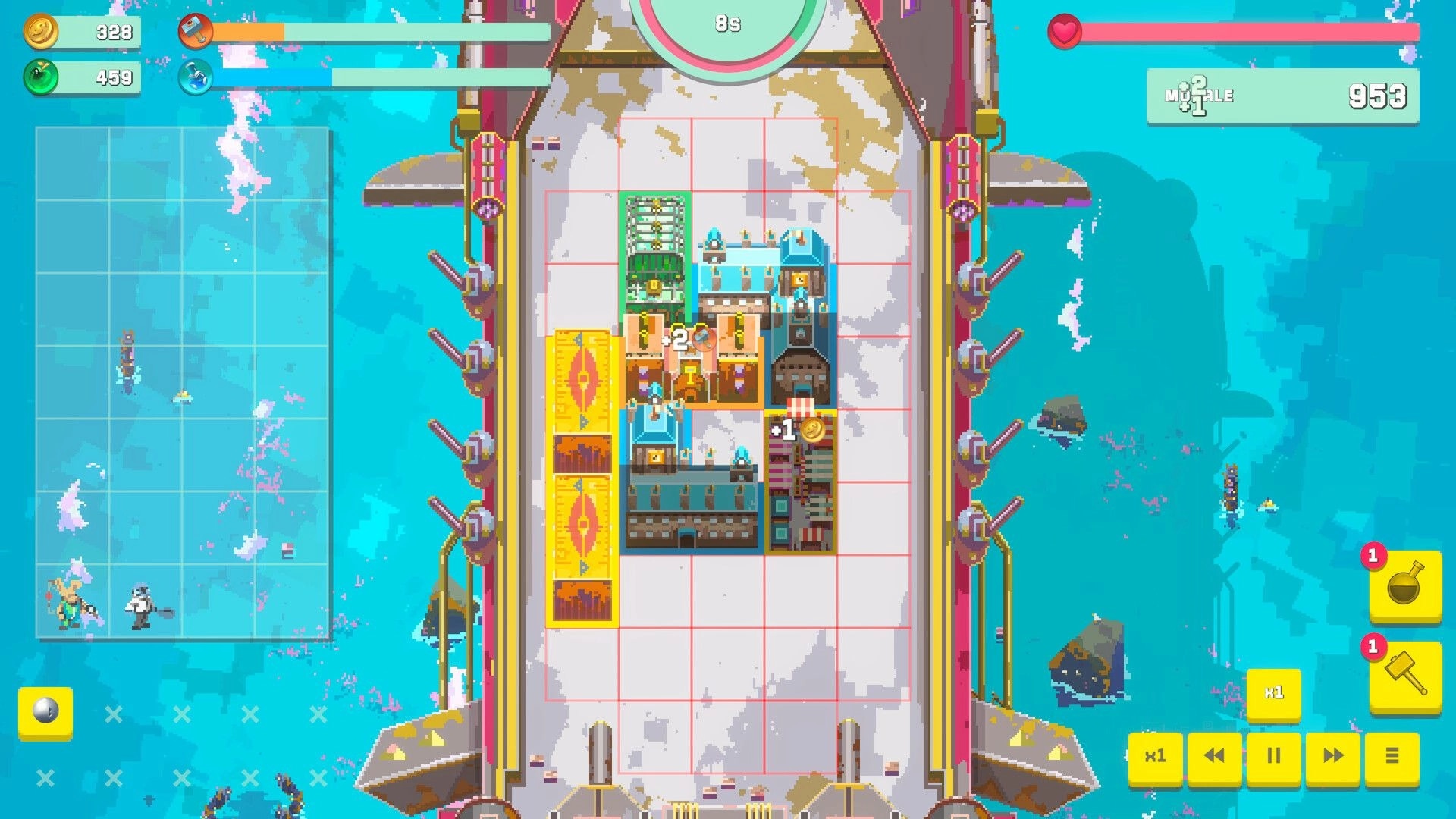 Exark: Building placement grid with resource counters and timers on a massive ark-ship deck at sea.