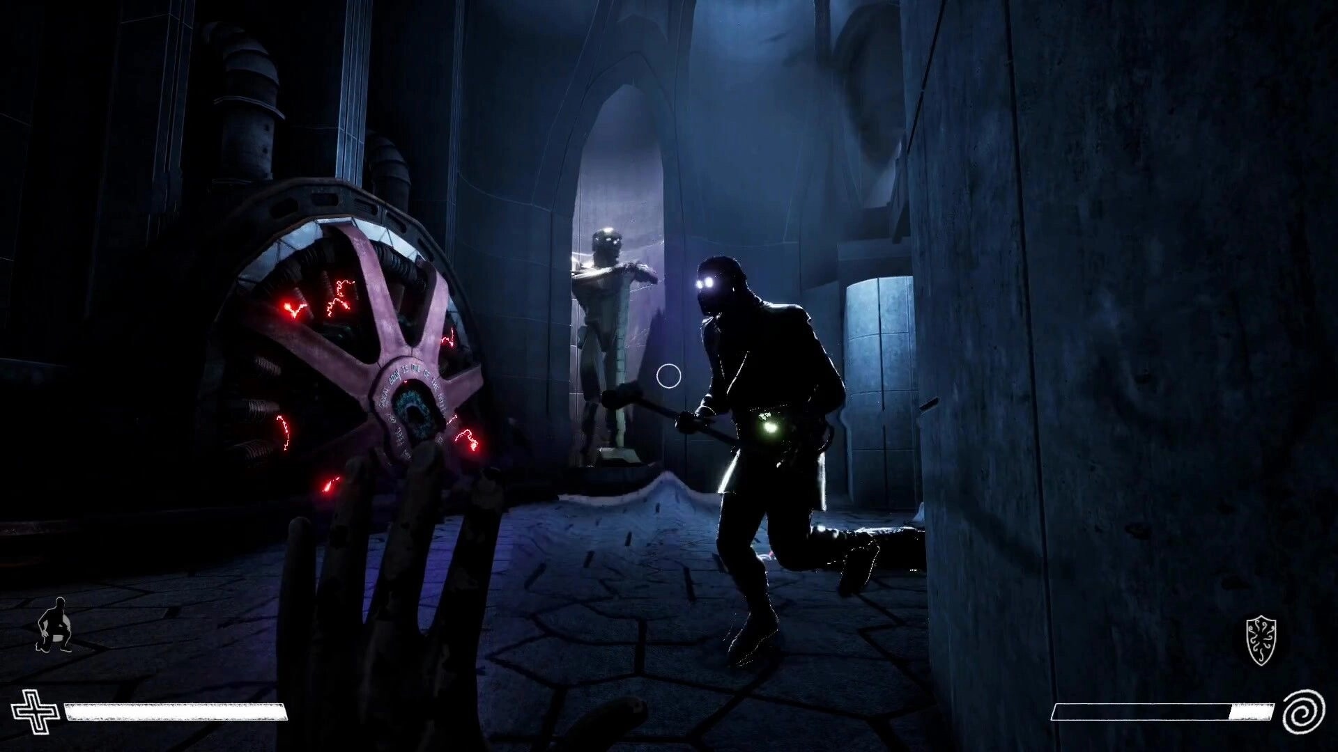 Excised: Player sneaks past hostile figure in dimly lit corridor with glowing machinery and eerie statues.