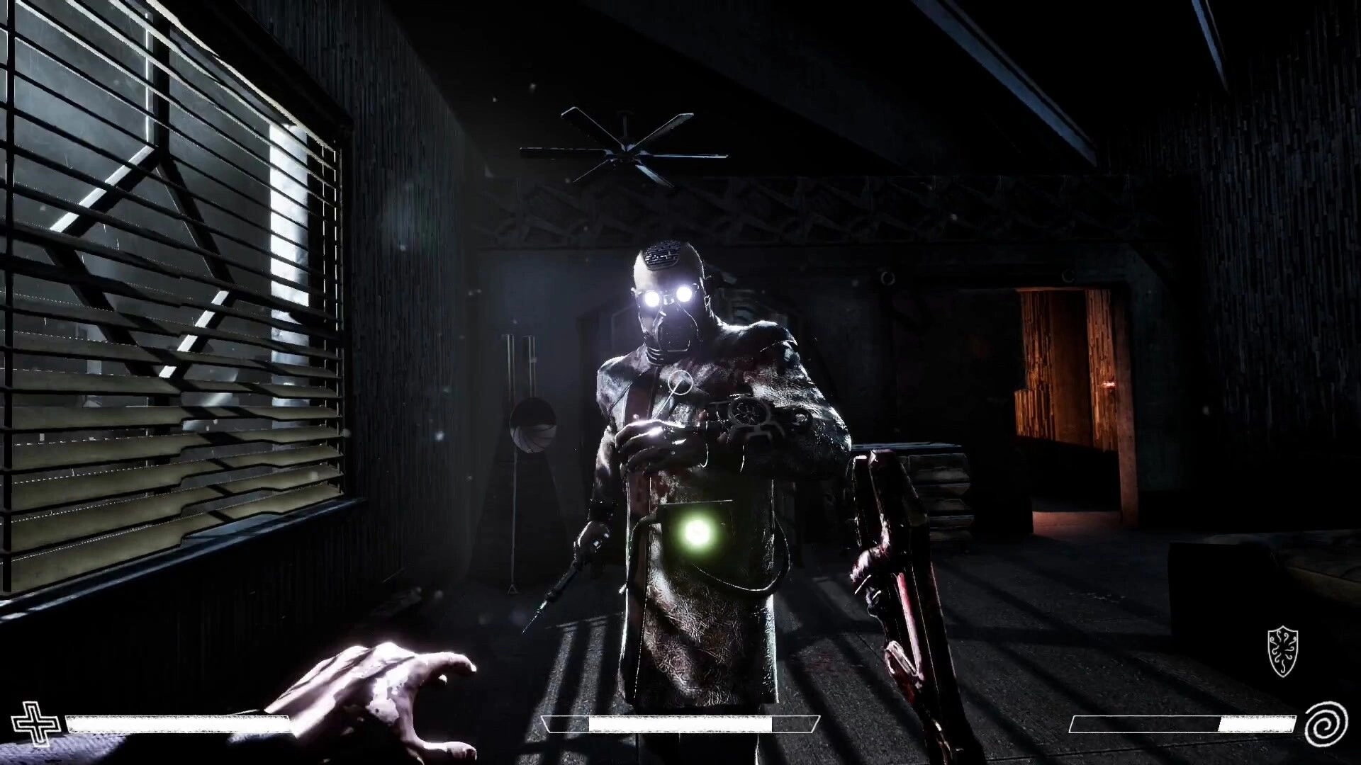 Excised: Confrontation with masked enemy in dimly lit room, visible health bar and player hand raised.