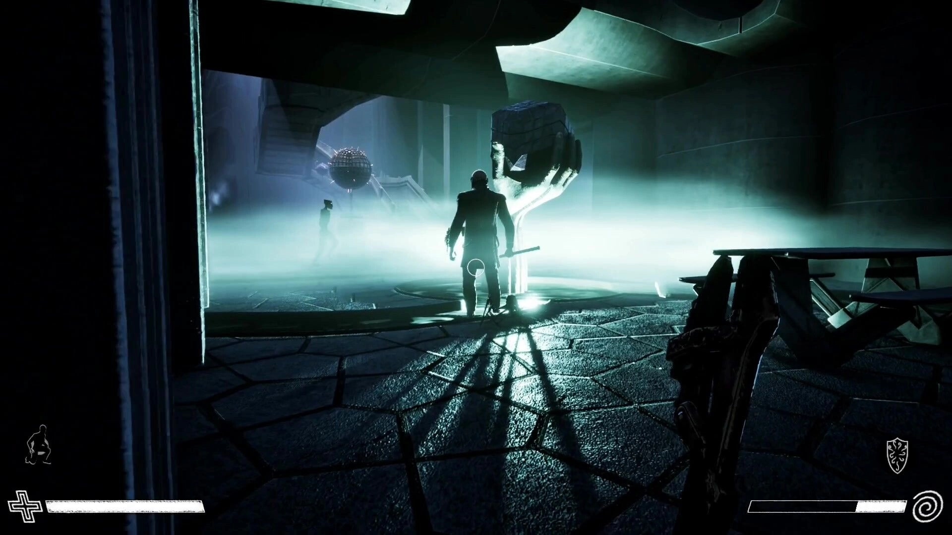 Excised: Character approaches giant hand statue in misty, shadowy chamber with health bar visible