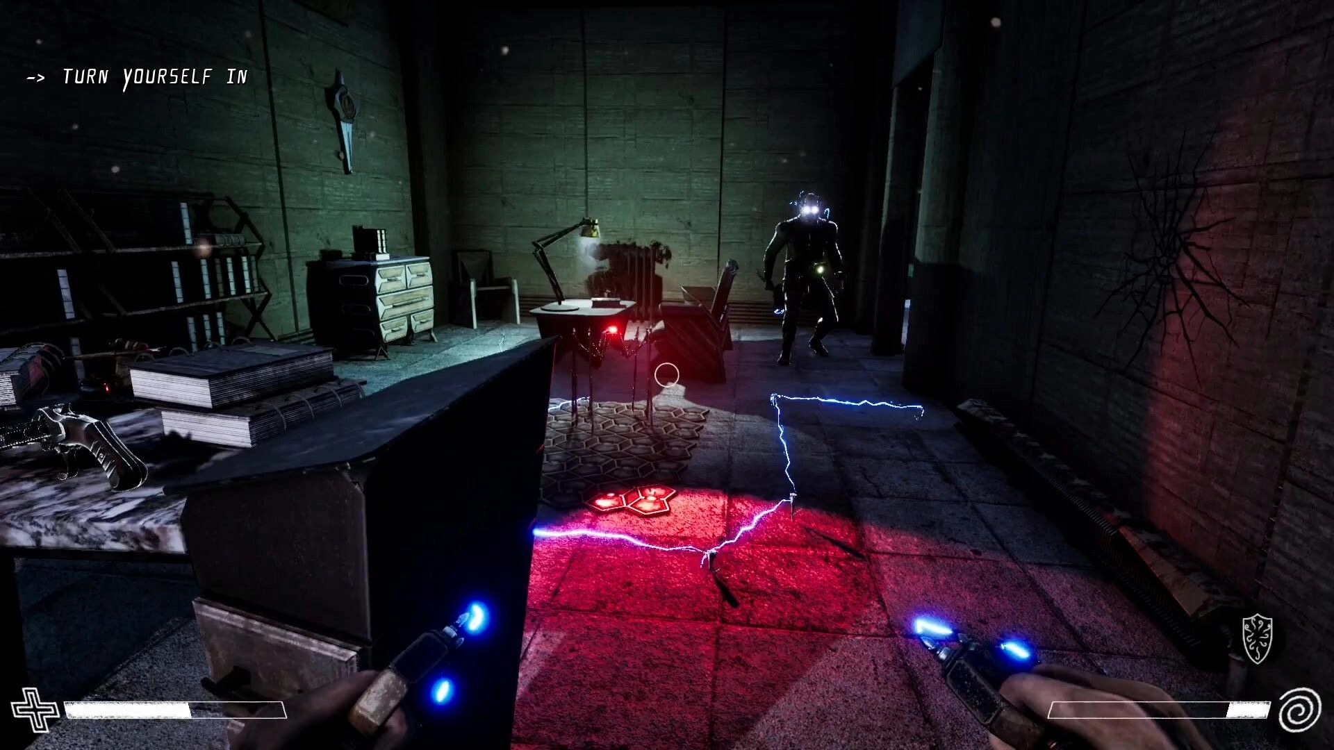 Excised: Player sneaks in dim room with traps, facing an armored figure near a cluttered desk