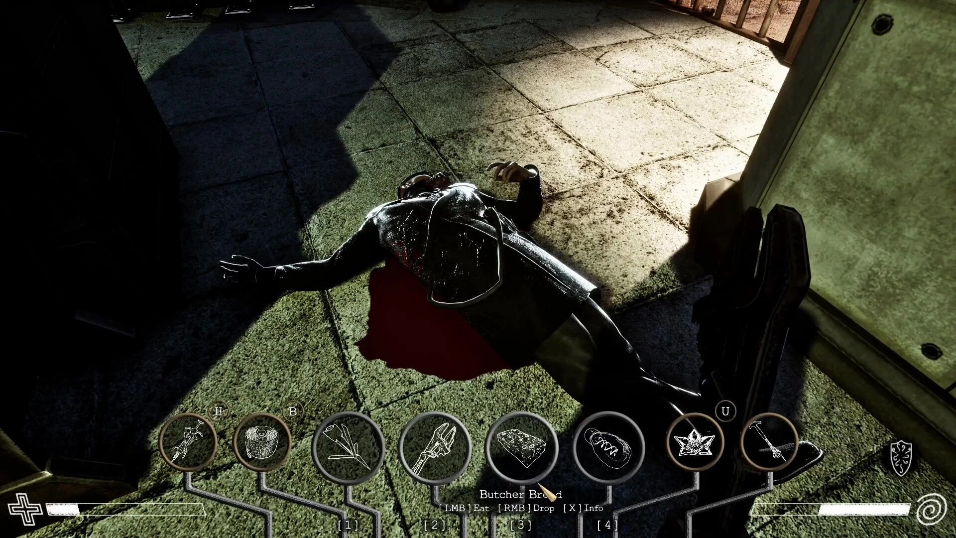 Excised: Character lying on ground with visible inventory items and action options in dimly lit corridor