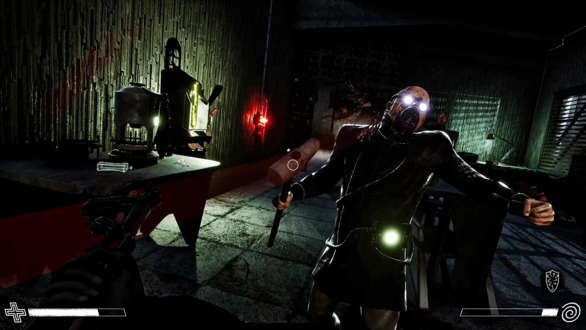 Excised: Confrontation with masked enemy holding hammer in dimly lit industrial room with red lights