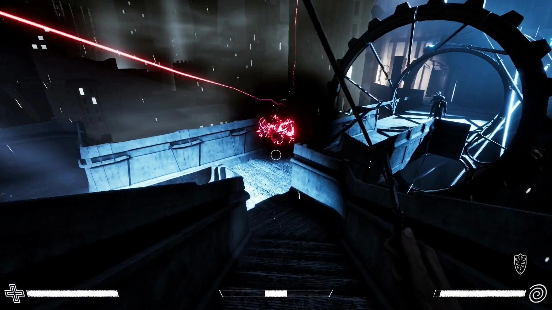 Excised: Player aims at glowing red entity on rooftop, with health bar and stealth UI visible