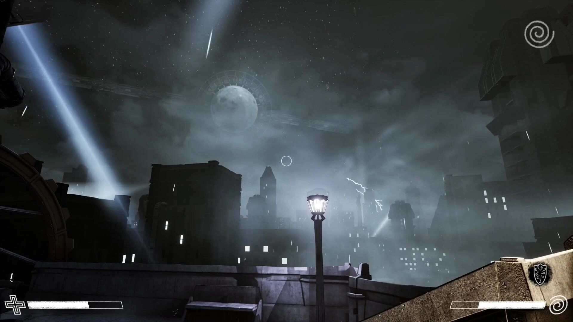 Excised: Rooftop view of dystopian city skyline with moonlit sky and scattered HUD elements visible