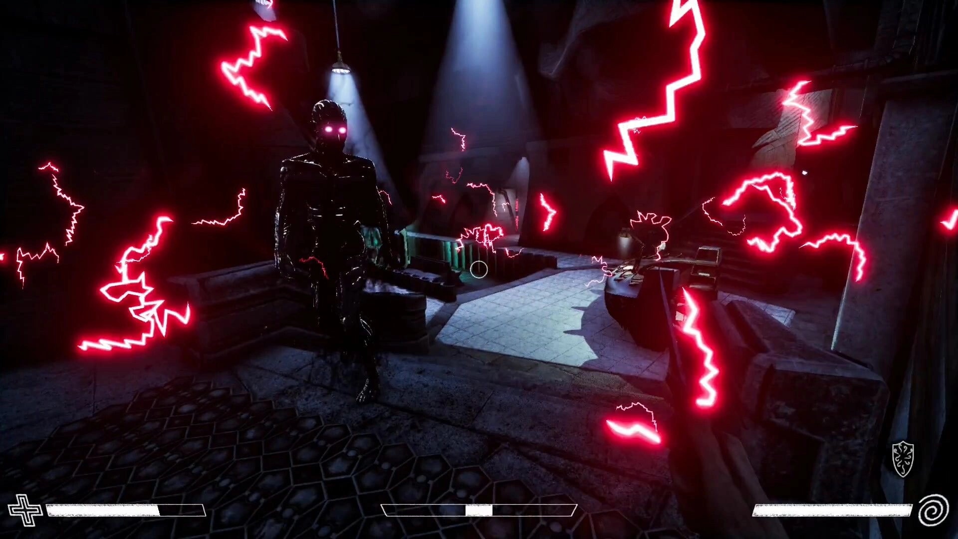 Excised: Character with glowing eyes amidst red electric currents in a dimly lit industrial room
