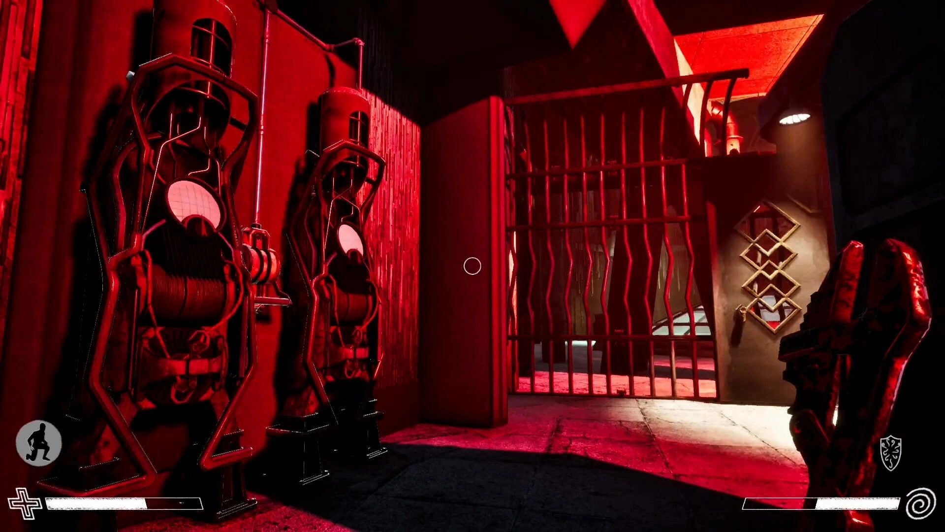 Excised: Red-lit industrial corridor with machinery, barred gate, and player HUD elements visible