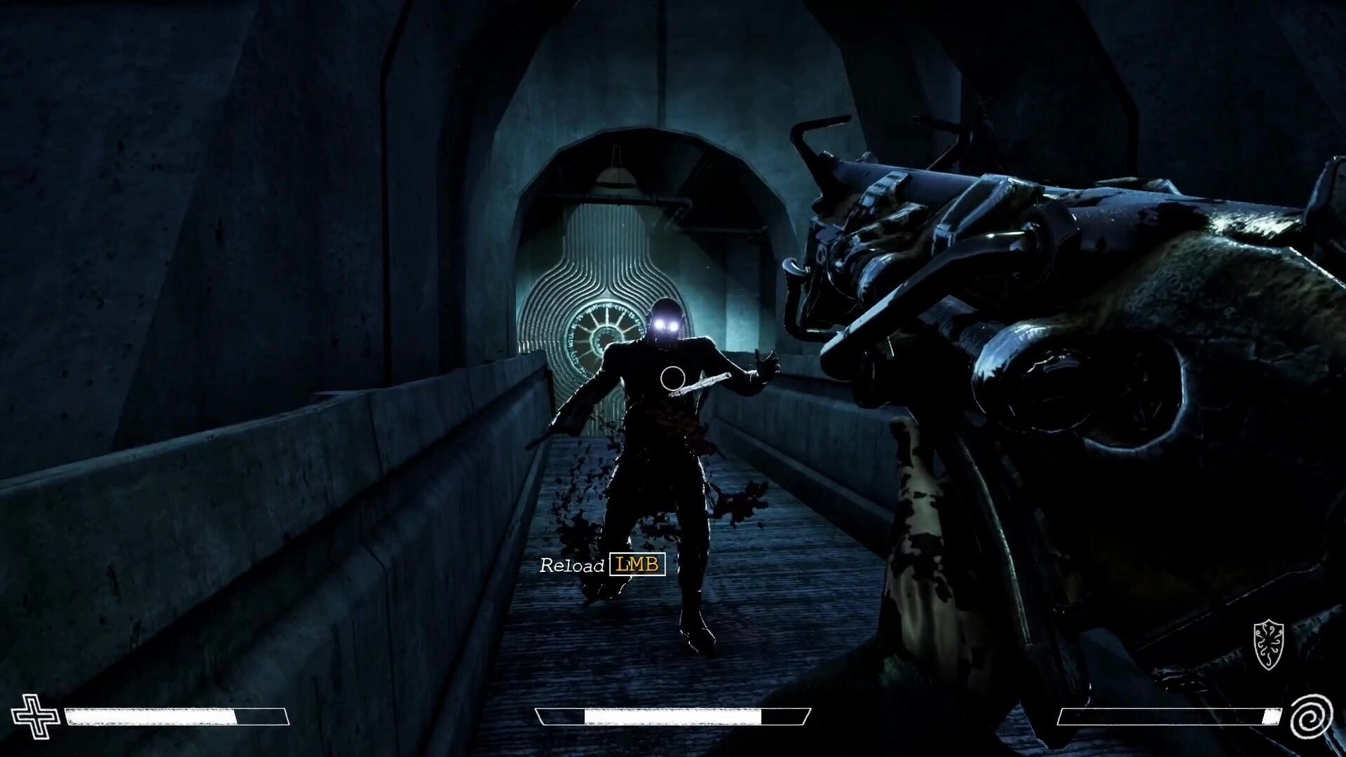 Excised: Player aiming weapon at glowing-eyed enemy in dark tunnel, reload prompt on screen
