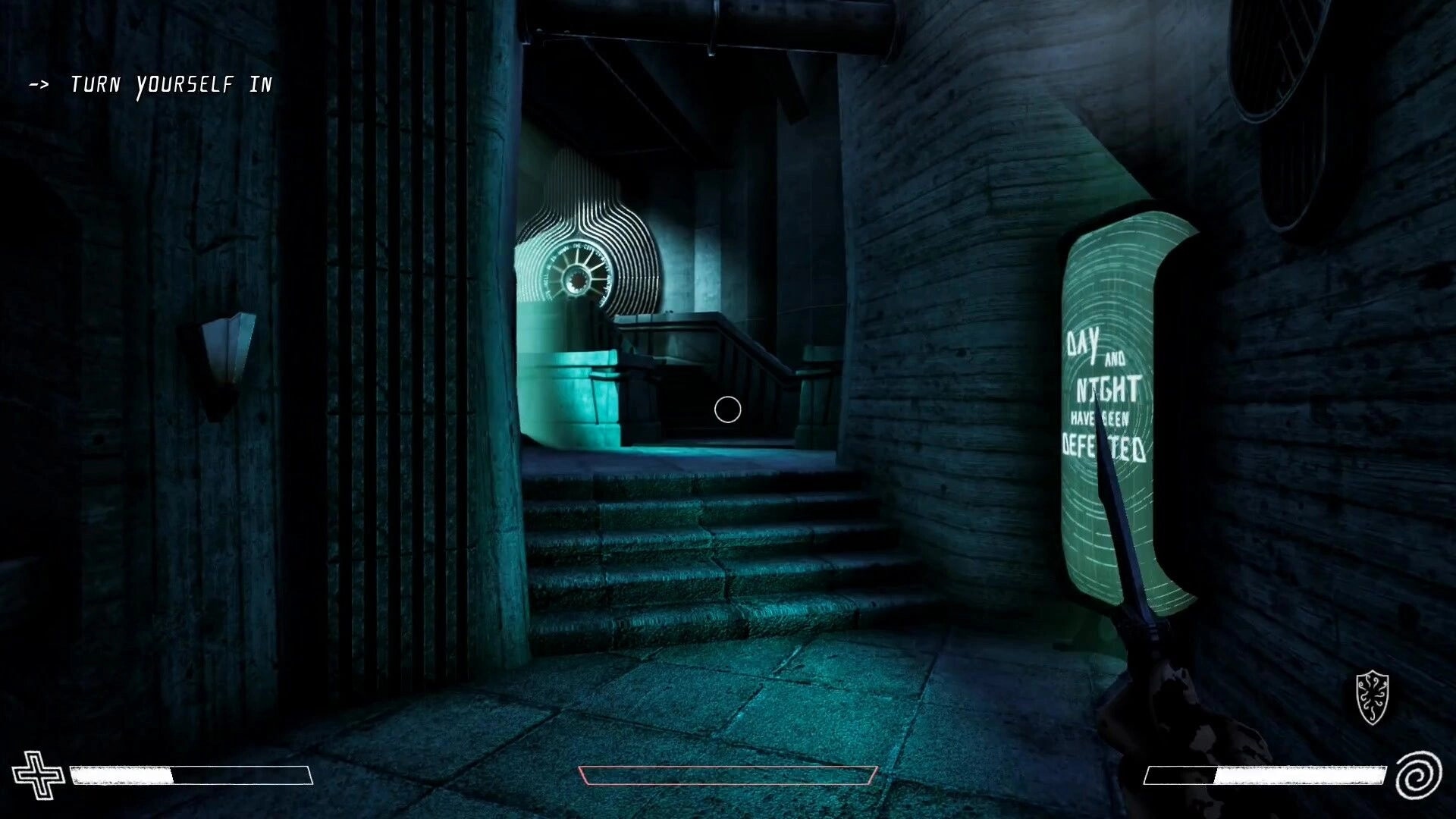Excised: Stealthy exploration in dimly lit corridor with ominous message and staircase in dystopian city