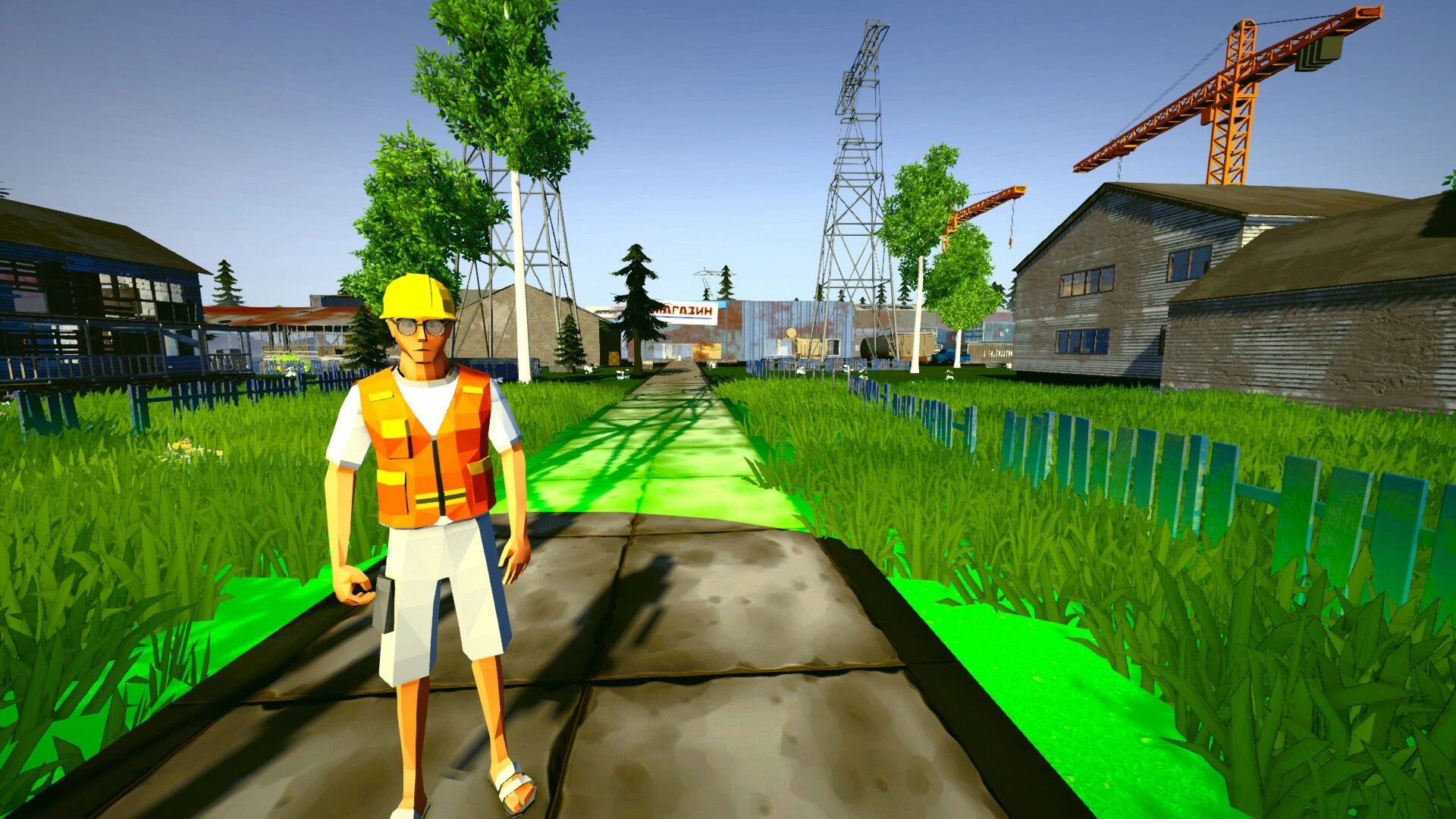 Exit Ways: Construction worker stands on path in a lush village with cranes and buildings in the background.