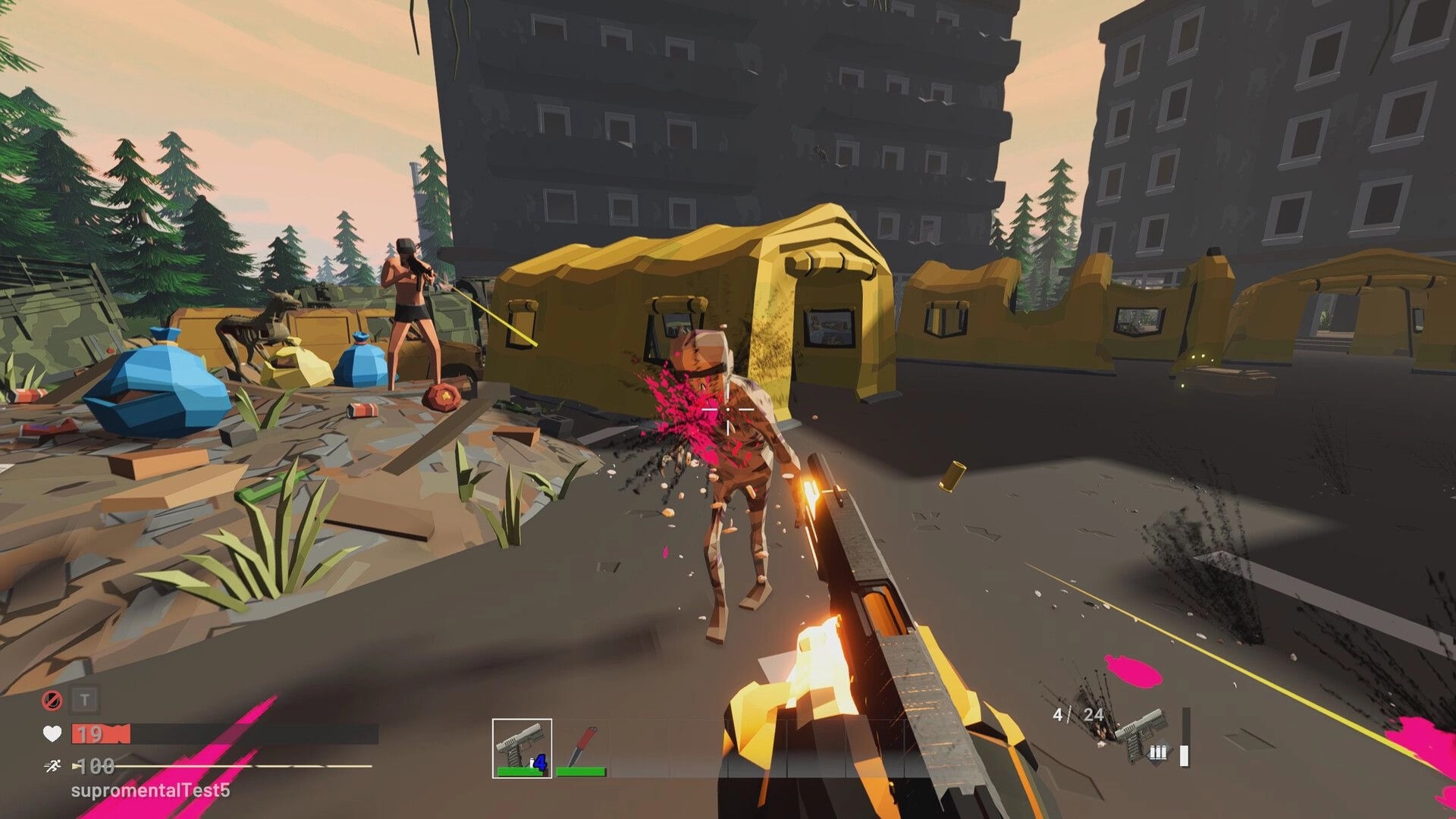 Exit Ways: Player shooting at a monster near yellow tents in a post-apocalyptic urban environment
