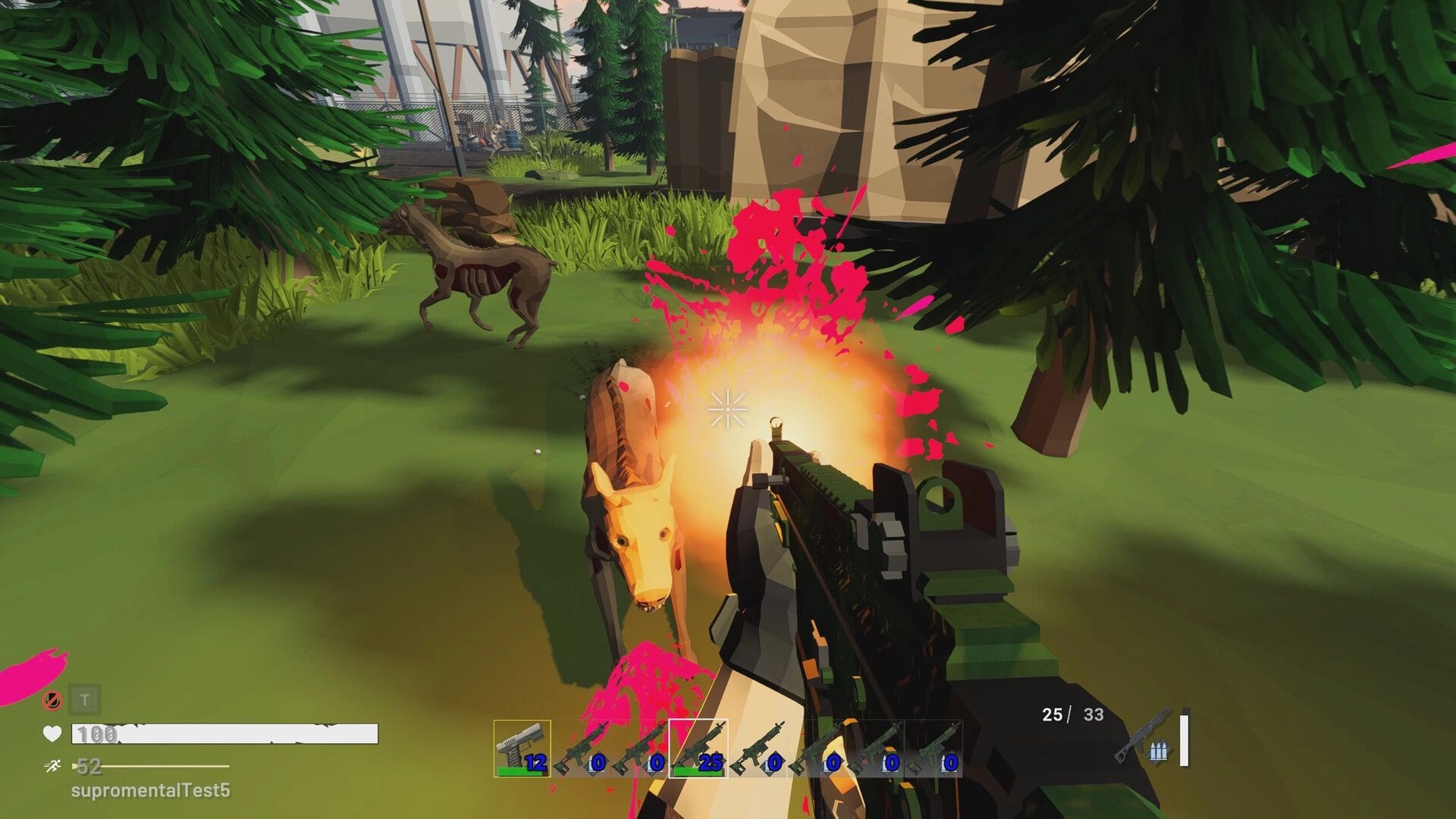 Exit Ways: Player shooting at mutated creatures in a forest with health and ammo HUD elements visible
