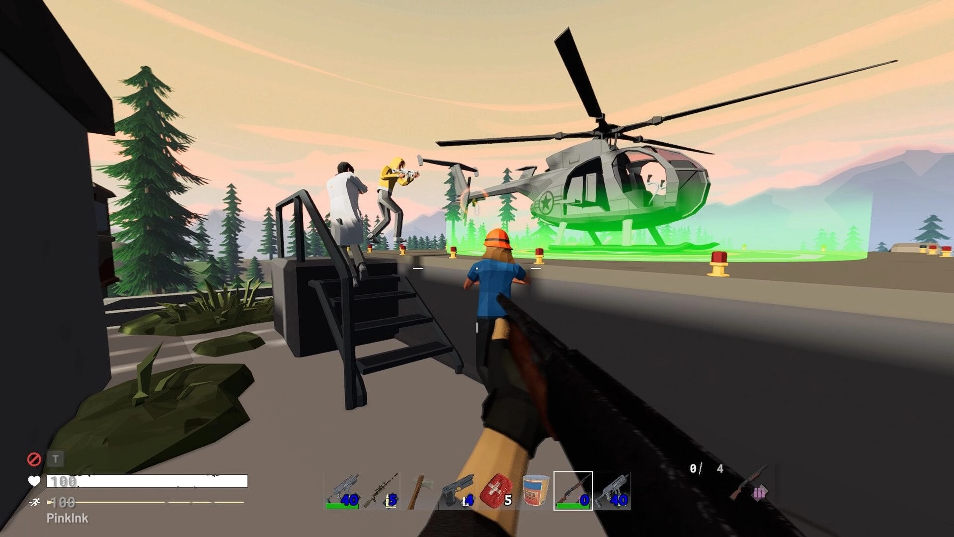 Exit Ways: Player approaches helicopter evacuation with team on rooftop helipad amidst forest backdrop.