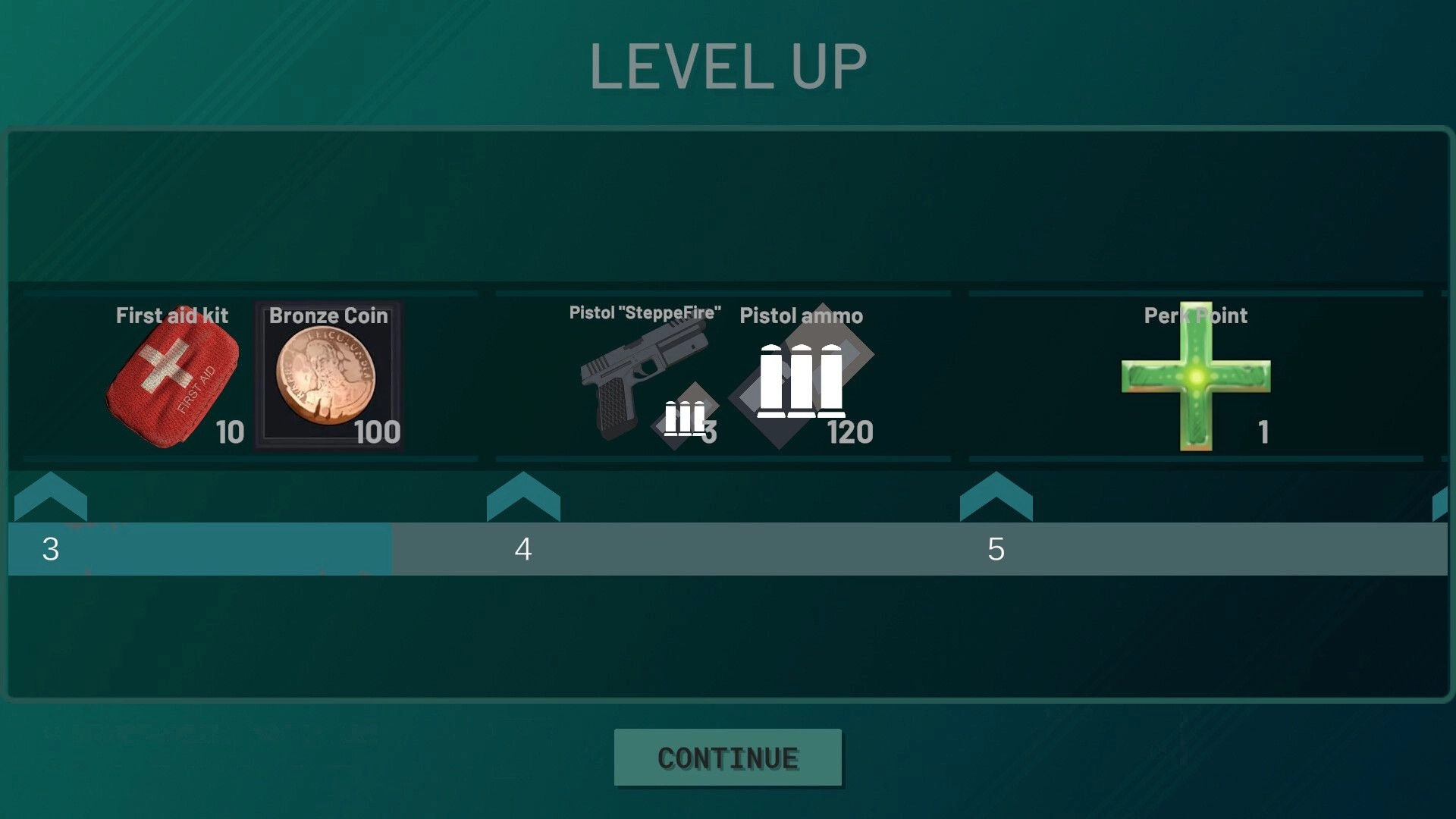 Exit Ways: Level up screen displaying items, including first aid kit, pistol, ammo, and perk point